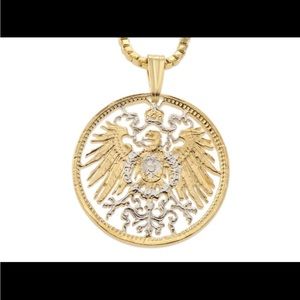 German Eagle Coin Pendant and Necklace Hand Cut, 14K Gold and Rhodium Plated